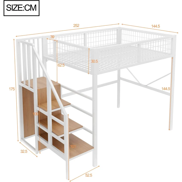 EINHOM Metall-Hochbett 140 x 200 cm, Bettgestell Inklusive Leiter und Stauraum, LED-Beleuchtung, Sicherheitsgeländer aus Metallgitter, Weiß (Ohne Matratze) – Bild 2