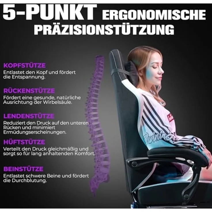 GTPLAYER Gaming Stuhl Ergonomischer, PC Stuhl Atmungsaktiver Stoff, Groß und Hoch Drehbarer Schreibtischstuhl mit Fußstütze,Verstellbare Lendenwirbelstütze und Kopfstütze,Schwarz – Bild 6