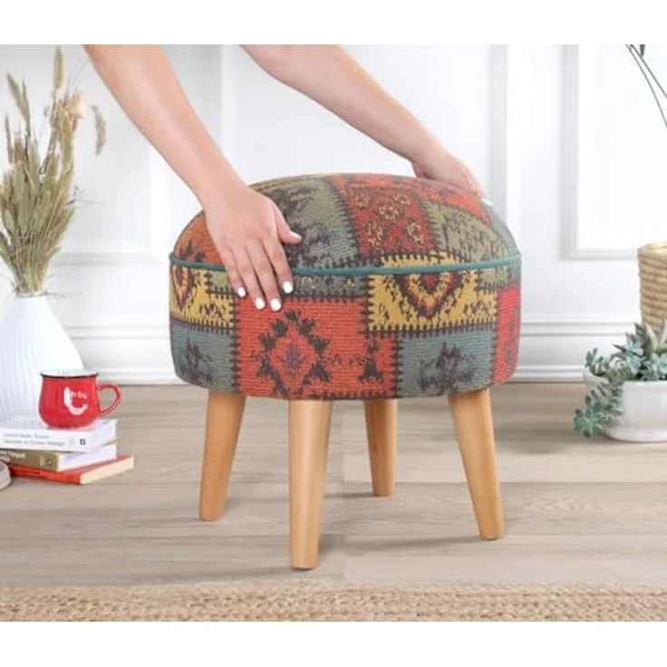 Stylish Green Pouffe, 45 x 45 x 45 cm | 50% Cotton & 50% Linen, 35 HR Orthopedic Soft Sponge (6 cm) | Durable Beech Wood Legs, Perfect for Modern Living Spaces – Bild 3