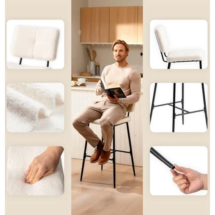 MEUBLE COSY Barhocker 4er Set Barstuhl Sitzhöhe 75 cm mit Lehne und Fußstütze aus Bouclé-Stoff Tresenhocker Bistrohocker für Bar Bistro Café Küche, Industriell, Beige – Bild 4