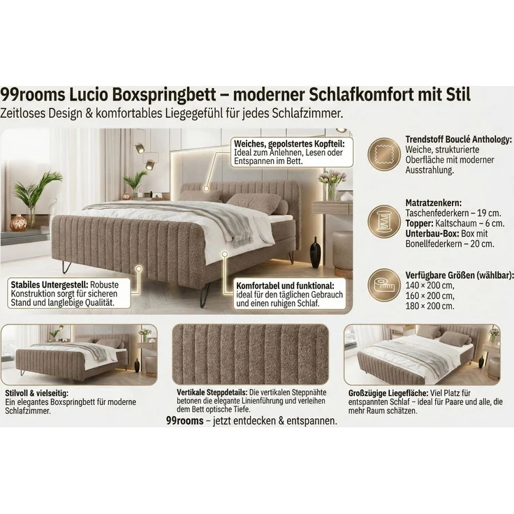 99rooms Lucio Boxspringbett Boucle-Stoff ANTHOLOGY Terracotta 140x200 cm – Bild 2