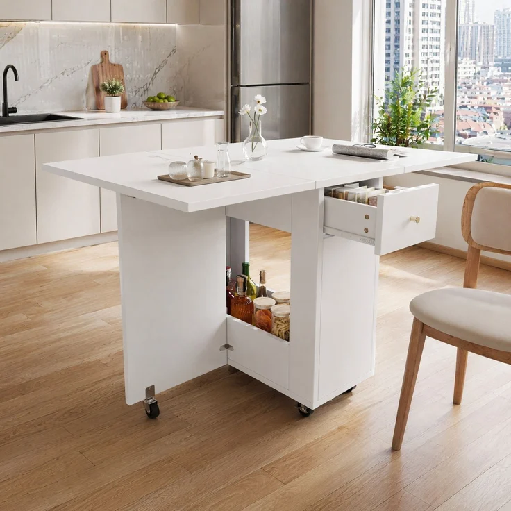 Esstisch 120x75x75 cm klappbar mit Stauraum, 2 Schubladen und Rollen – Bild 1