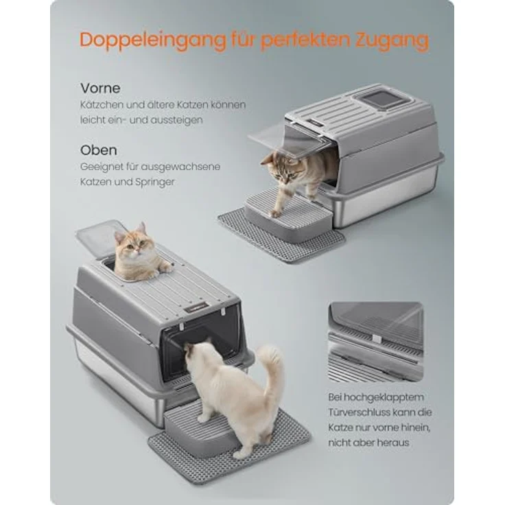Feandrea Katzenklo Edelstahl, mit Deckel, Schaufel, Katzenstreumatte | Katzentoilette, mit 2 Eingängen, für Katzen bis 15 kg, Schiefergrau, BOXAL Kollektion PPT007GN01 – Bild 5