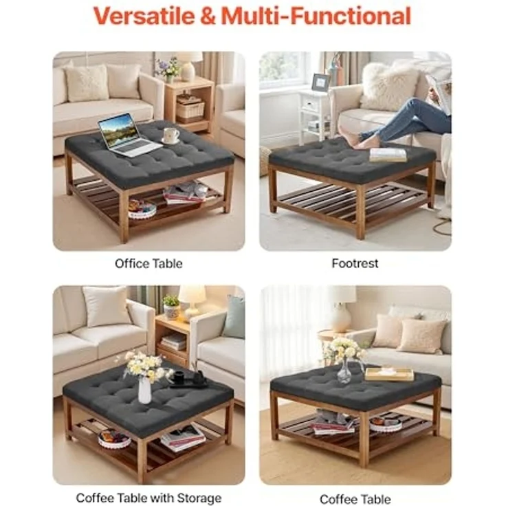 VEVOR quadratischer Couchtisch (875 x 875 x 445 mm) mit Ablagefläche aus Massivholz, massiv gepolsterte Ottomane mit Fußstütze aus Leinen für Schlafzimmer Wohnzimmer, 181,44 kg, Dunkelgrau – Bild 6