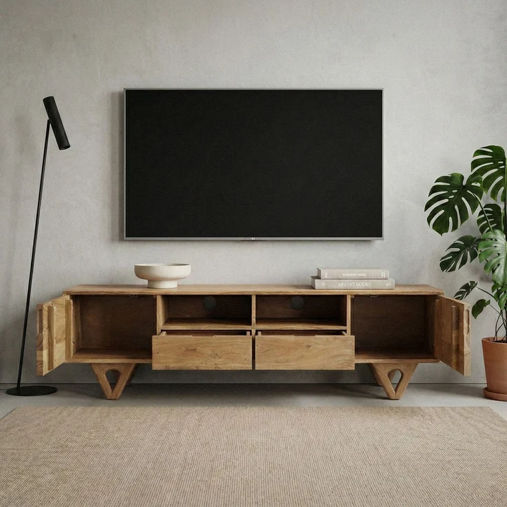 FINEBUY Lowboard FB114300 TV Board Massivholz 160cm Fernsehunterschrank Fernsehkommode (Natürliche Holzstruktur mit warmer Ausstrahlung), Clevere Aufteilung für Technik und Zubehör – Bild 4