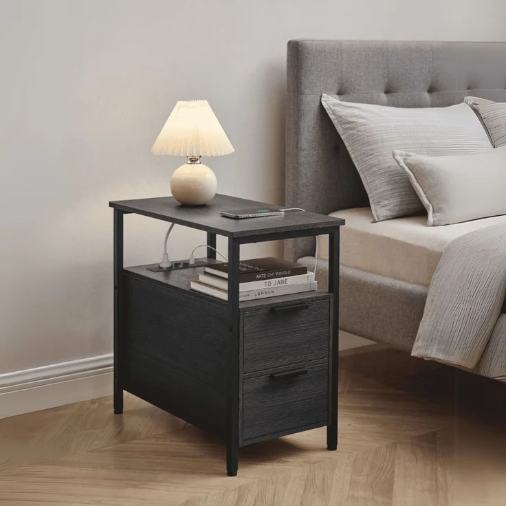 VASAGLE Beistelltisch, 2er Set, Nachttisch mit Steckdosenleiste, 2 Schubladen, Sofatisch, Nachtschrank für Wohnzimmer, Schlafzimmer, anthrazitgrau-klassikschwarz LCT648B22 – Bild 4