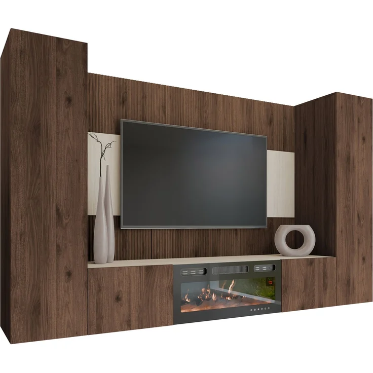 Wohnwand Deromi V mit Kamin (Farbe: Nuss Okapi + Travertin) – Bild 2