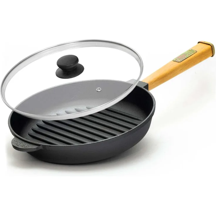 Ø24cm Grillpfanne aus Gusseisen mit Glasdeckel Induktion Holzgriff Bratpfanne Pfanne Feuerpfanne