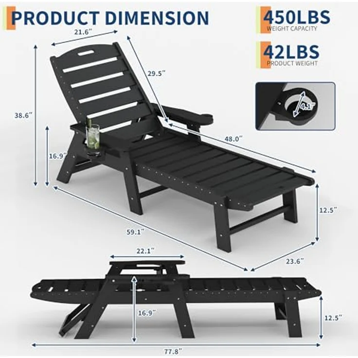 GarveeHome Wetterfeste Gartenliege Aus HDPE, Sonnenliege Mit Verstellbarer Rückenlehne Und Getränkehalter, Lange Poolliege, Für Pool, Strand Und Garten, 150x60x98cm (1 Stück) – Bild 2