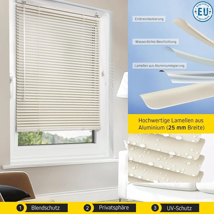 jalousiescout Jalousie LightLess Aluminium-Jalousie, 25 mm, 40 x 130 cm, beige matt, ohne Bohren, geklemmt oder verschaubt, Aluminium, vollverdunkelnd, Feuchtraumgeeignet – Bild 4