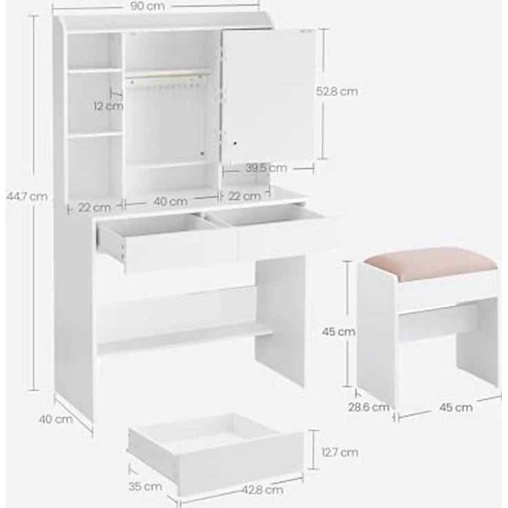 VASAGLE Schminktisch mit Beleuchtung, einstellbare Helligkeit, Hocker, Frisiertisch mit Spiegel, Kosmetiktisch mit verstellbaren Ablagen, 2 Schubladen, modern, wolkenweiß und pastellrosa – Bild 7