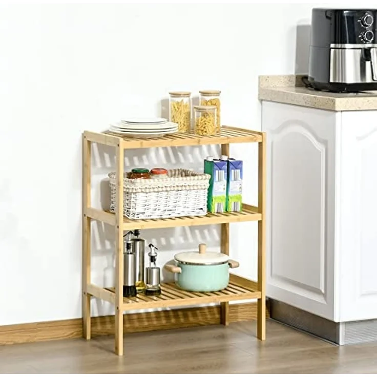 HOMCOM Standregal Küchenregal mit 3 Ebenen, Bambusregal, Mehrzweckschrank 1-tlg, für Wohnzimmer, Natur – Bild 2