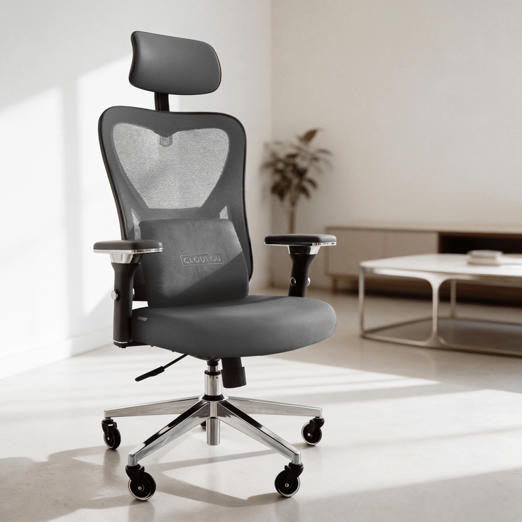 CLOUVOU Bürostuhl ergonomisch, CleverSeat Schreibtischstuhl bis 150 kg - Testsieger (Chefsessel für Arbeitszimmer, 4D Chrom-Metallarmlehne), Blade Wheels, Homeoffice, Gaming Stuhl, Drehstuhl