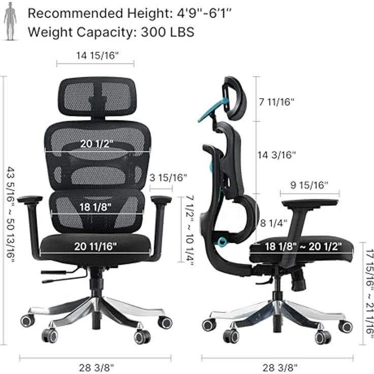 EUREKA ERGONOMIC Axion Gaming Stuhl, Ergonomischer Bürostuhl mit verstellbarer Lendenwirbelstütze, 4D Kopfstütze, 3D PU-Lederarmlehnen, Atmungsaktive Netzrückenlehne, Schwarz & Blau – Bild 2