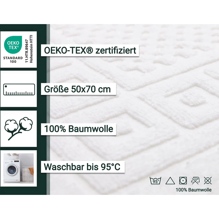 ZOLLNER 2er Set Badematte Badvorleger mit Waffelmuster, 100% Baumwolle, 50x70 cm, weiß – Bild 2