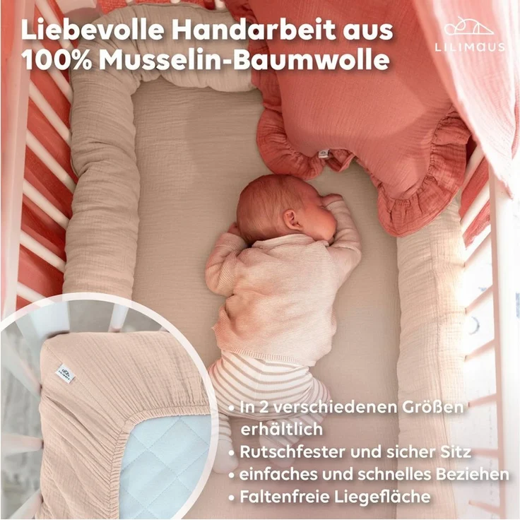 lilimaus Spannbettlaken Musselin Bettlaken Baby 60x120 & 70x140 mit Rundum-Gummizug, (1 Stück), weicher Musselin mit Rundum-Gummizug - sicherer Halt im Babybett – Bild 3