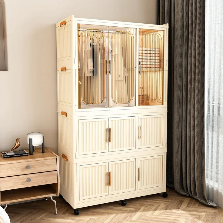 Faltbarer Kleiderschrank aus Polypropylen in Cremeweiß mit 9 Magnettüren und Rollen,H 158 x T 92 x B 45 cm – Bild 1