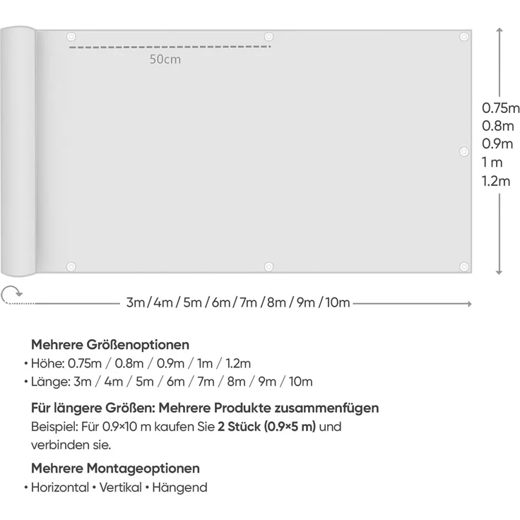 Sekey Balkon Sichtschutz Balkonabdeckung Balkonverkleidung blickdichte Wind- und UV-Schutz, 100% Privatsphäre, mit Ösen, Nylon Kabelbinder und Kordel, 75x300cm, Beige – Bild 7