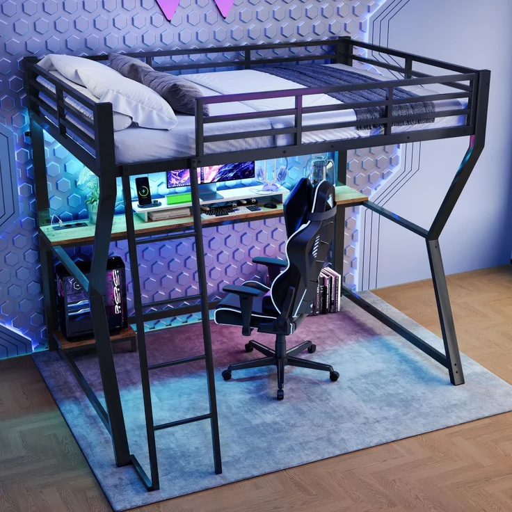 Hochbett, 90*200cm , Mit LED-Leuchten, Computerkonsolenablage, Schreibtisch, Steckdose+USB, Geländer, Treppe, ohne Matratze, Schwarz – Bild 4