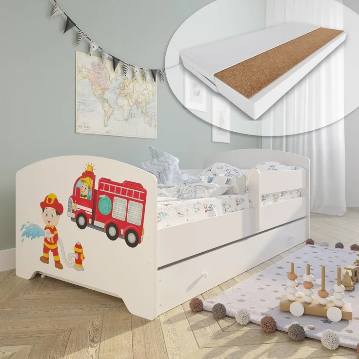 Kids Collective Kinderbett Komplettbett 70x140 cm, 80x160 cm mit Matratze und Schublade (Bett für Jungen und Mädchen), Bettkasten, viel Stauraum, Feuerwehr, 160 x 80 cm