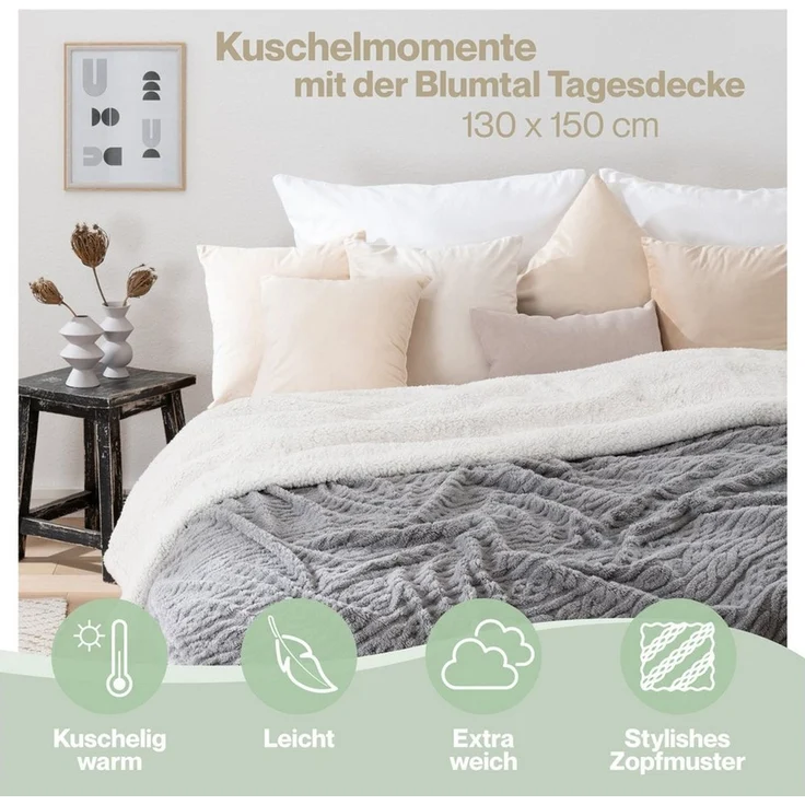 Blumtal Wohndecke, Oeko-TEX zertifiziert, waschbar, weiche Sherpa-Innenseite, Grau/Weiß, 150x200 cm – Bild 2