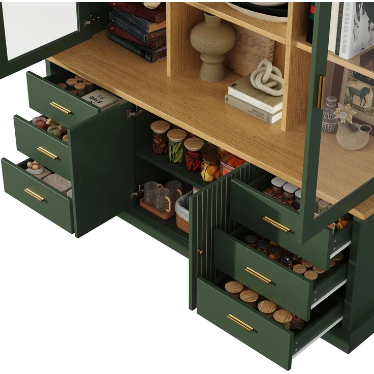 Hochschrank mit Glasvitrinen, 6 Schubladen & verstellbaren Böden, 140x40x185 cm, Grün – Bild 9