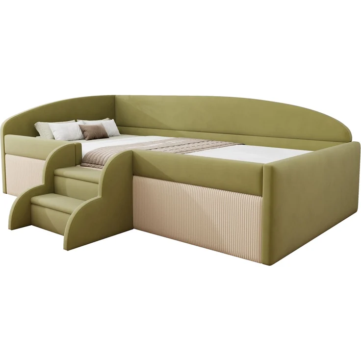 Kinderbett 90×190 cm mit Samt,Colorblock-Design,Schutzgitter & rutschfesten Stufen,gepolstertes Juniorbett,Dunkelgrün & Cremeweiß – Bild 5