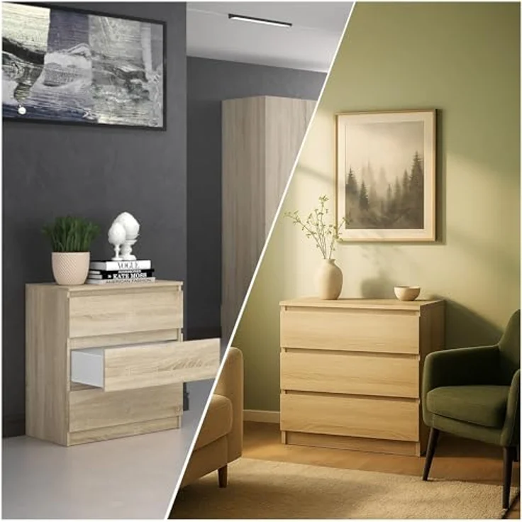 CDF Kommode mit Schublade Eiche Sonoma Schrank Schubladenschrank 3 Schubladen Malm Kommode viel Stauraum Geeignet für Wohnzimmer Schlafzimmer Komodenschrank Organizer Kleidung 40T x 70B x 75H cm – Bild 4