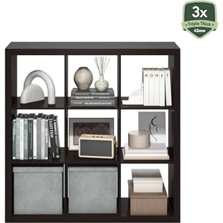 Furinno Cubicle Bücherregal, 9-Fächer Würfelregal, dreifach verstärkter Rahmen, 38,8 x 111 x 110,1 cm, für Wohnzimmer, Schlafzimmer, Heimbüro, Schwarzes Dunkles Eichen – Bild 8