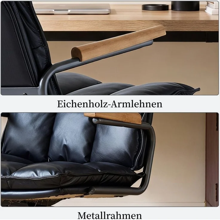 SeedWave Bürostuhl Höhenverstellbarer Drehstuhl mit Eichenholz-Armlehnen, 136kg belastbar, Industrial Design, Echtleder Schreibtischstuhl mit Wippfunktion – Bild 4