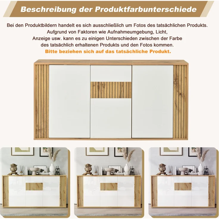 DESVIAE Sideboard Weiß/Naturholz aus MDF/Spanplatte – 140x71x35 cm – 3 Türen, 6 Fächer – Bild 4