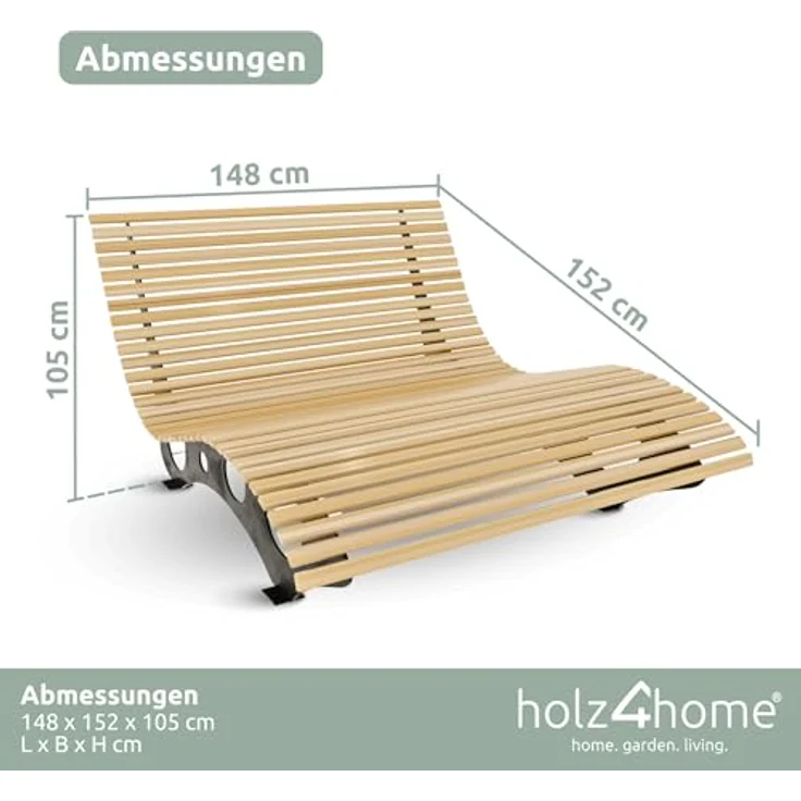 holz4home Waldliege aus Kiefernholz, ergonomische Gartenliege mit stabilen Metall-Standbeinen, 148x152x105 cm – Bild 2
