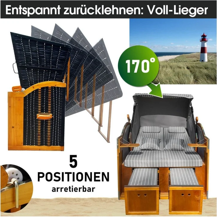 BRAST Strandkorb für 2 Personen, 120cm breit, 5 Designs, BxTxH: 120 x 79 x 150 cm, Volllieger, Rügen Deluxe, (verstellbare Rückenlehne weiches Fußkissen), inkl. wetterfeste Abdeckhaube – Bild 3
