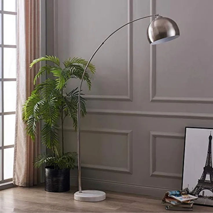 Teamson Home Bogenlampe Gebogene Stehlampe aus Metall mit Marmorimitat-Sockel grau – Bild 5