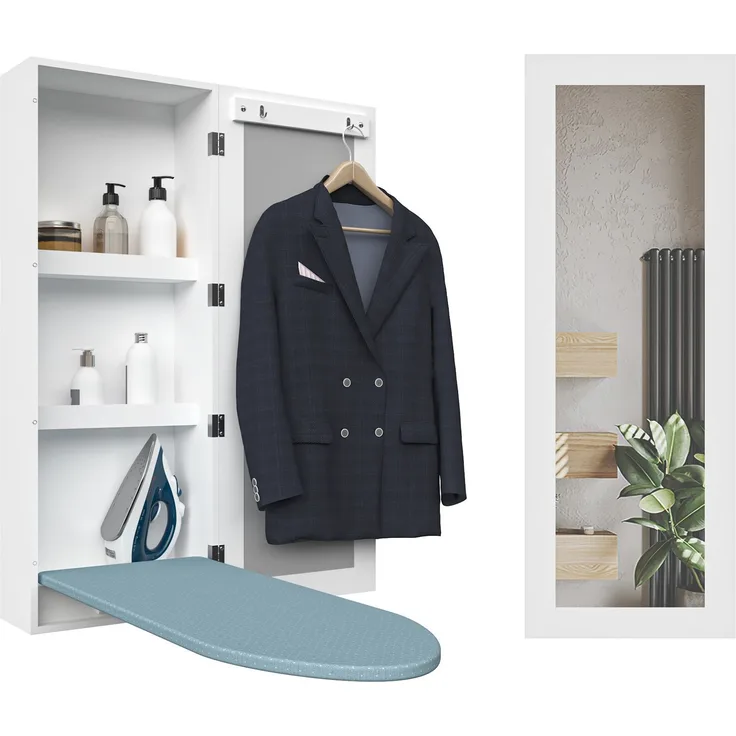 Wand-Bügelbrettschrank aus MDF mit Spiegel und Stauraum, 34x17,5x95 cm, Weiß
