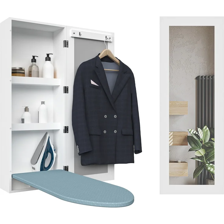 Wand-Bügelbrettschrank aus MDF mit Spiegel und Stauraum, 34x17,5x95 cm, Weiß – Bild 1
