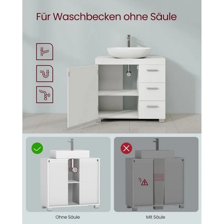 VASAGLE Badezimmerschrank, 30 x 60 x 64 cm, Waschbeckenunterschrank mit Füßen, weiß – Bild 4