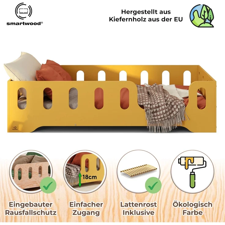 smartwood Kinderbett Bodenbett 60x120 mit Rausfallschutz & Lattenrost - Senfgelb - Kinder Montessori Bett TILA 2P mit glatten Kanten - Betten für schnelle Montage - Bis 230 kg belastbar – Bild 3