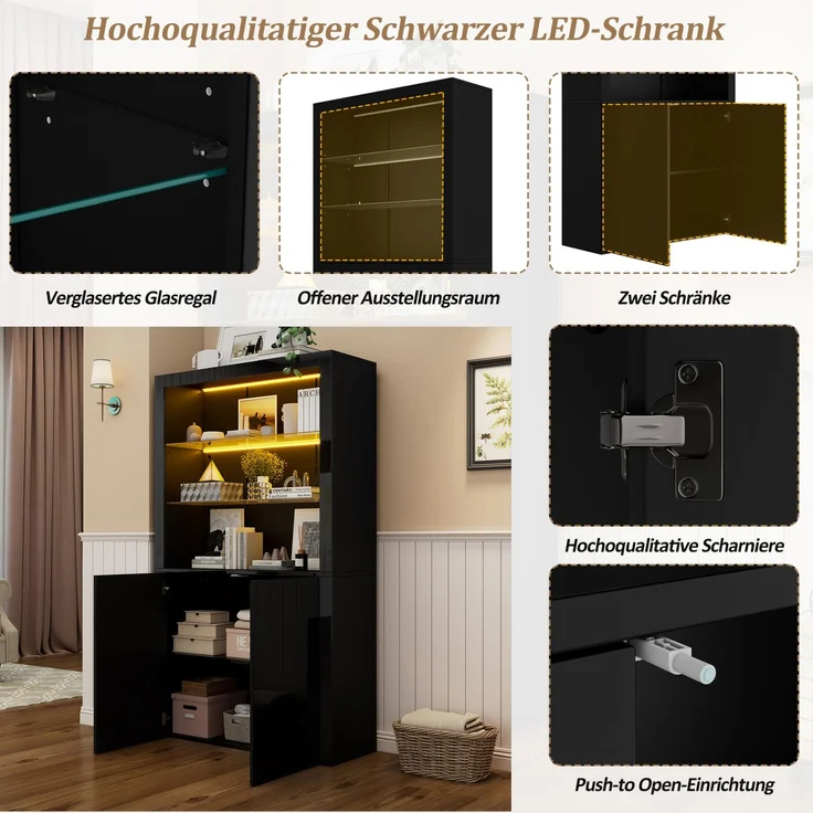 DESVIAE Hochschrank mit LED-Beleuchtung 100x170x35 cm MDF, Glas und Spanplatte Schwarz – Bild 4