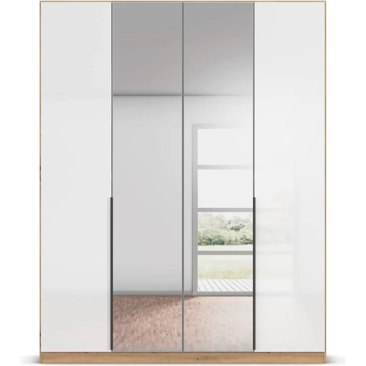 Rauch Möbel Alabama, Kleiderschrank, 4-türig, Spiegel, Zubehör Premium, 2 Kleiderstangen, 7 Einlegeböden, Schubladeneinsatz, Farbe Hochglanz Weiß/Eiche Artisan, Griff Grau metallic, 181 x 229 x 54 cm – Bild 8