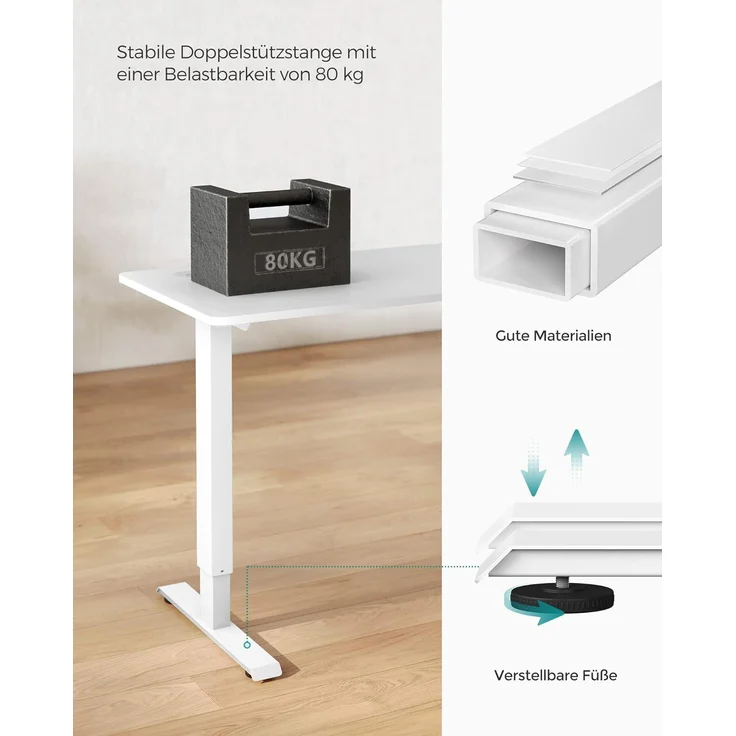 SONGMICS Höhenverstellbarer Schreibtisch elektrisch, Tischgestell, Schreibtischständer mit Motor, stufenlos verstellbar, 120 x 60 x (73-114) cm, Stahl, weiß LSD011W01 – Bild 8
