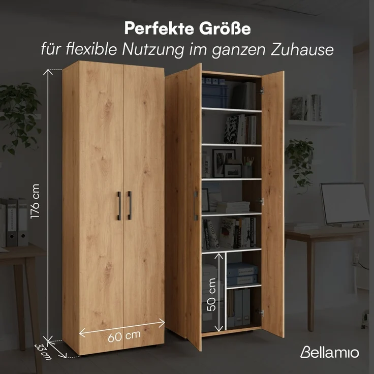 Bellamio 'Apol' Mehrzweckschrank, Eichenoptik, 176x33x60 cm, Aktenschrank mit 8 Ablagefächern – Bild 7