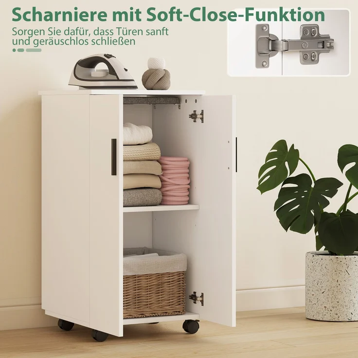 2-in-1 faltbarer Bügelbrettschrank auf Rollen mit Bügelbrett und verstellbarem Regal für kleine Räume, Weiß--Weiß--83x43x99.5cm--YOUDENOVA – Bild 10