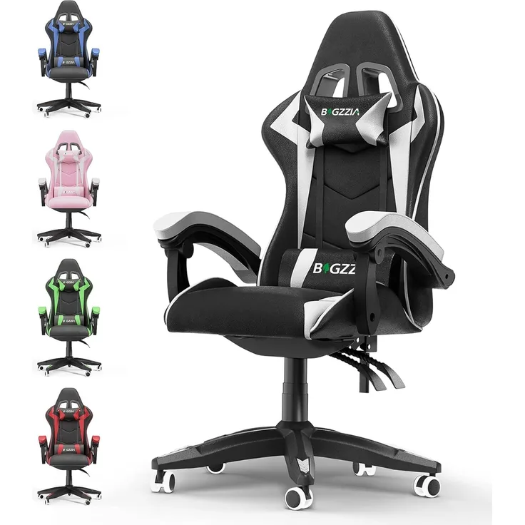 bigzzia Gaming Stuhl Ergonomisch Gaming Chair mit Lendenkissen und Kopfstütze, Gamer Stuhl Höhenverstellbar, Pc Stuhl für Erwachsene Mädchen Junge, Schwarz
