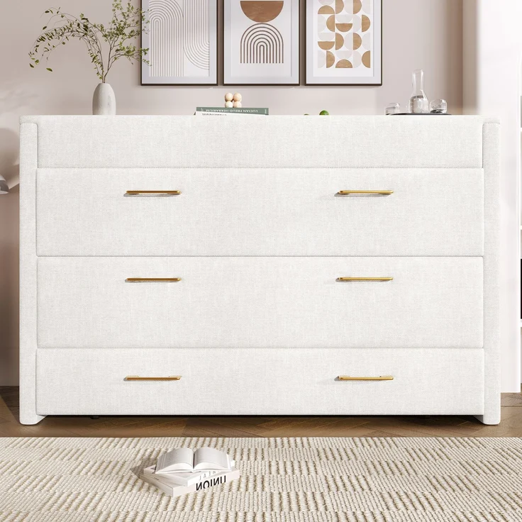 Schrankbett, 140 x 200, Mit einer Schublade,Mobiles Schrankbett mit Ablagefach am Bett, mit USB- und Typ-C-Anschlüssen, Umbaubares Plattformbett, Ohne Matratze,Leinen, Beige – Bild 5