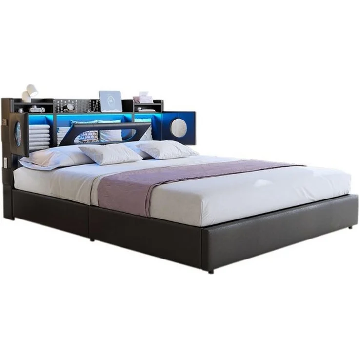 FUROKOY Stauraumbett Polsterbett Doppelbett mit LED-Beleuchtung (Aufklappbares Kopfteil mit Stauraum und Ladeanschluss), Hydraulikbett Funktionsbett, PU, Schwarz, 160x200cm – Bild 4