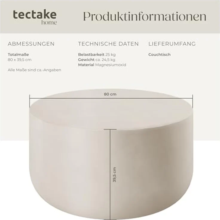 tectake Couchtisch Ronan, rund, Weiß, wetterfest aus Magnesiumoxid, Ø 80 cm, 39,5 cm hoch, geeignet für Innen- und Außenbereiche – Bild 3