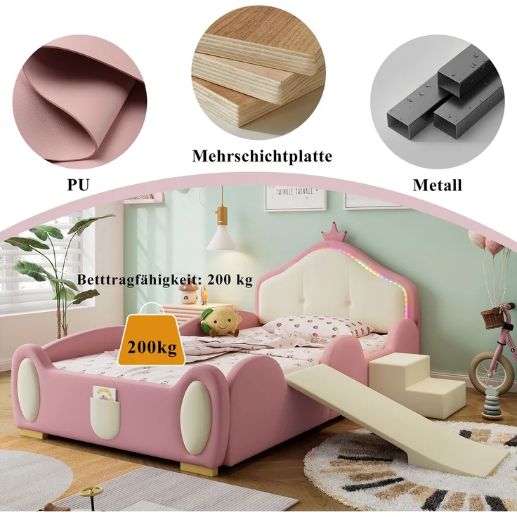 Merax Polsterbett 90x200cm, Crown Cartoon Bett, Mit Multi-Mode-LED-Streifen, Kinderbett mit kleiner Rutsche und Treppe, mit schützenden weichen Kanten, mit Holzlatten, PU, Rosa + Beige – Bild 6