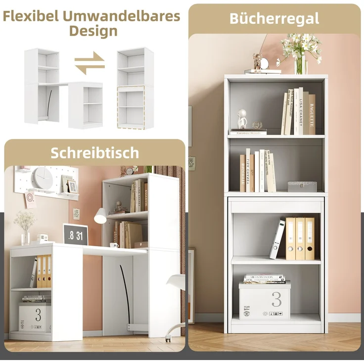 Klapptisch aus Spanplatte, 2-in-1 Schreibtisch mit 4 Ablagefächern, 130x51x137 cm, Weiß – Bild 8
