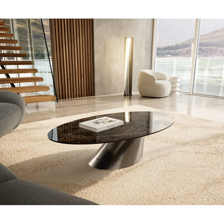 Couchtisch Edge Oval 140x80 cm Keramik Emperador Extra Lucidato Dunkelbraun Conis Edelstahl gebürstet